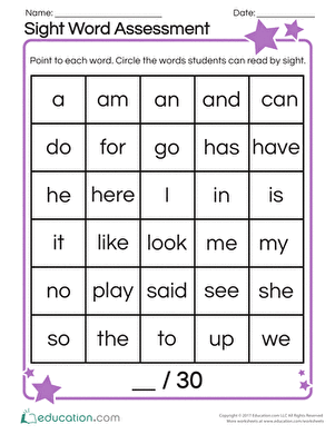 Sight Word Assessment | Worksheet 