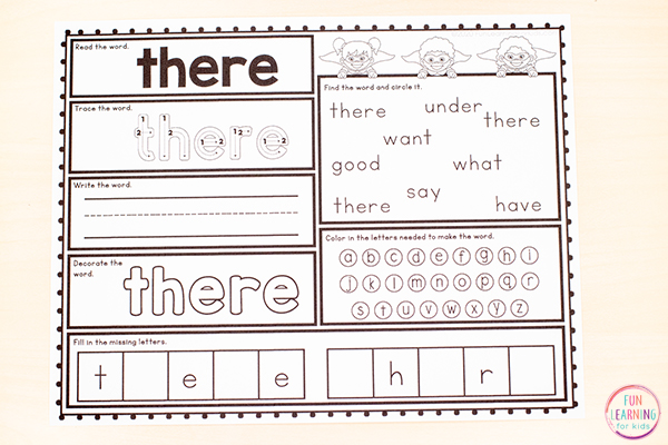 kindergarten sight words worksheet