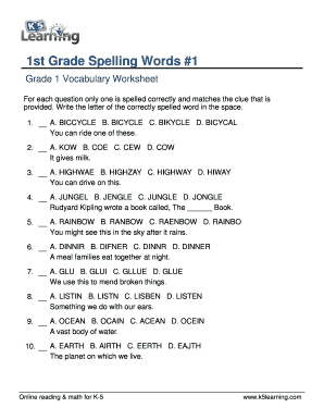 Vocabulary 1st Grade Spelling Words - Printable Kindergarten ...
