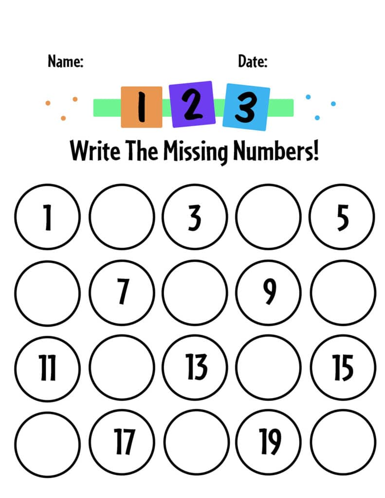 kindergarten worksheet fill in the missing numbers 1 to 20