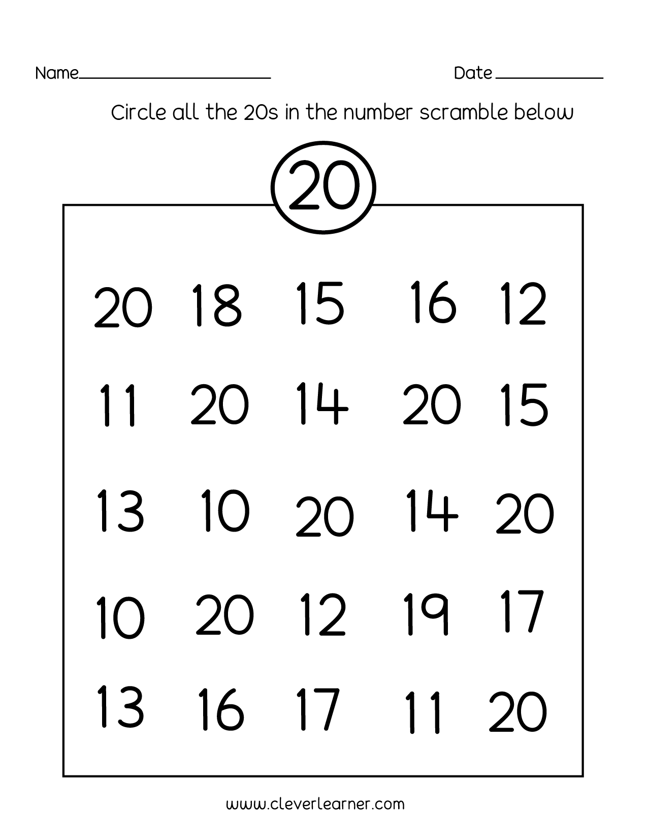 kindergarten worksheet numbers to 20