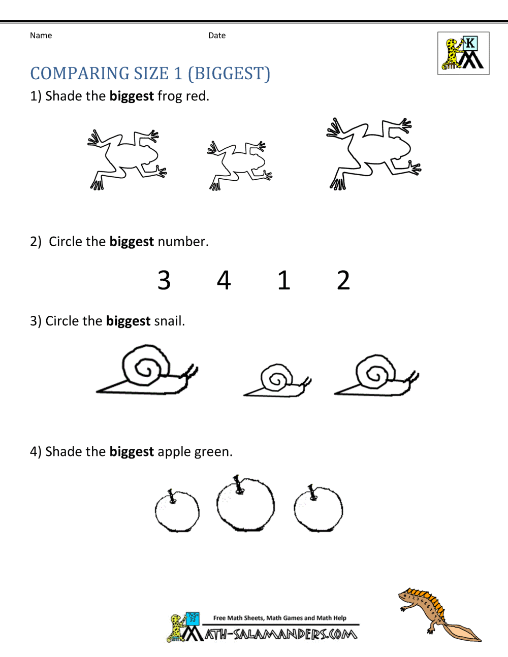 Printable Kindergarten Math Worksheets Comparing Numbers and Size