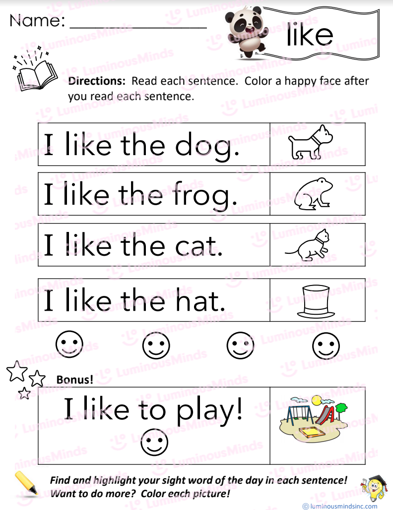 Reading Comprehension Worksheets - Reading with Sight Word: like
