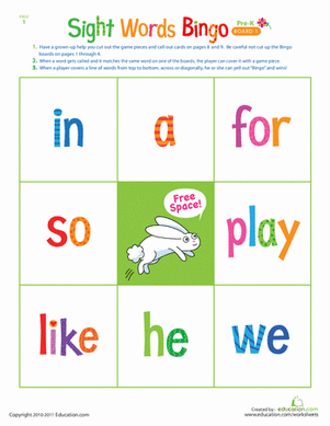 Pre-Kindergarten Sight Words Bingo | Worksheet 