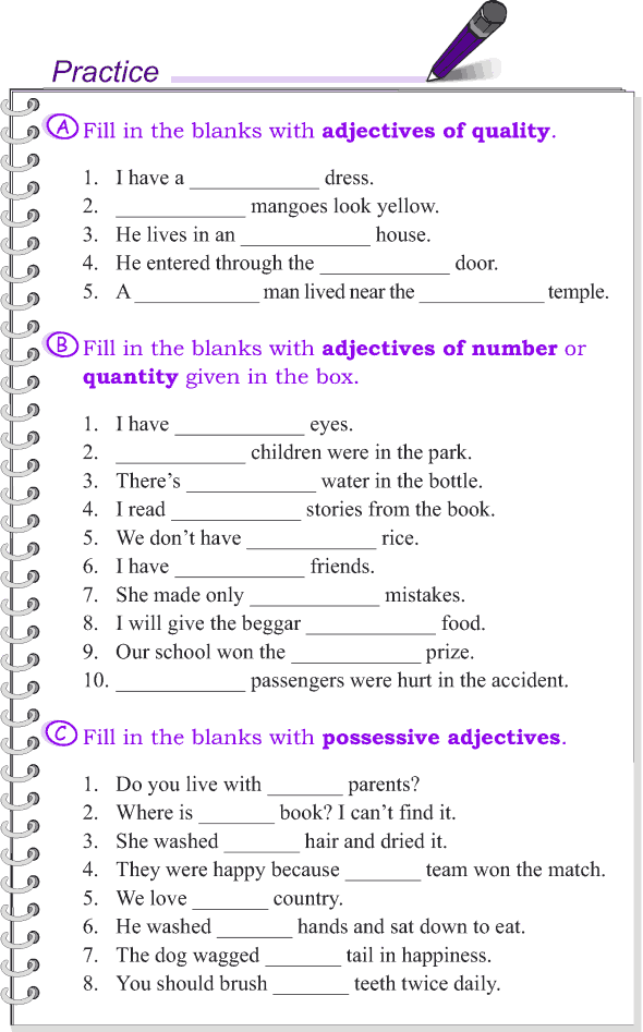 kinds of adjectives worksheet