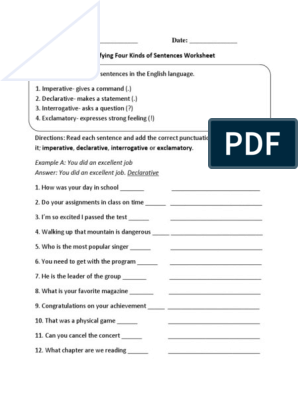 kinds of sentences worksheet with answers