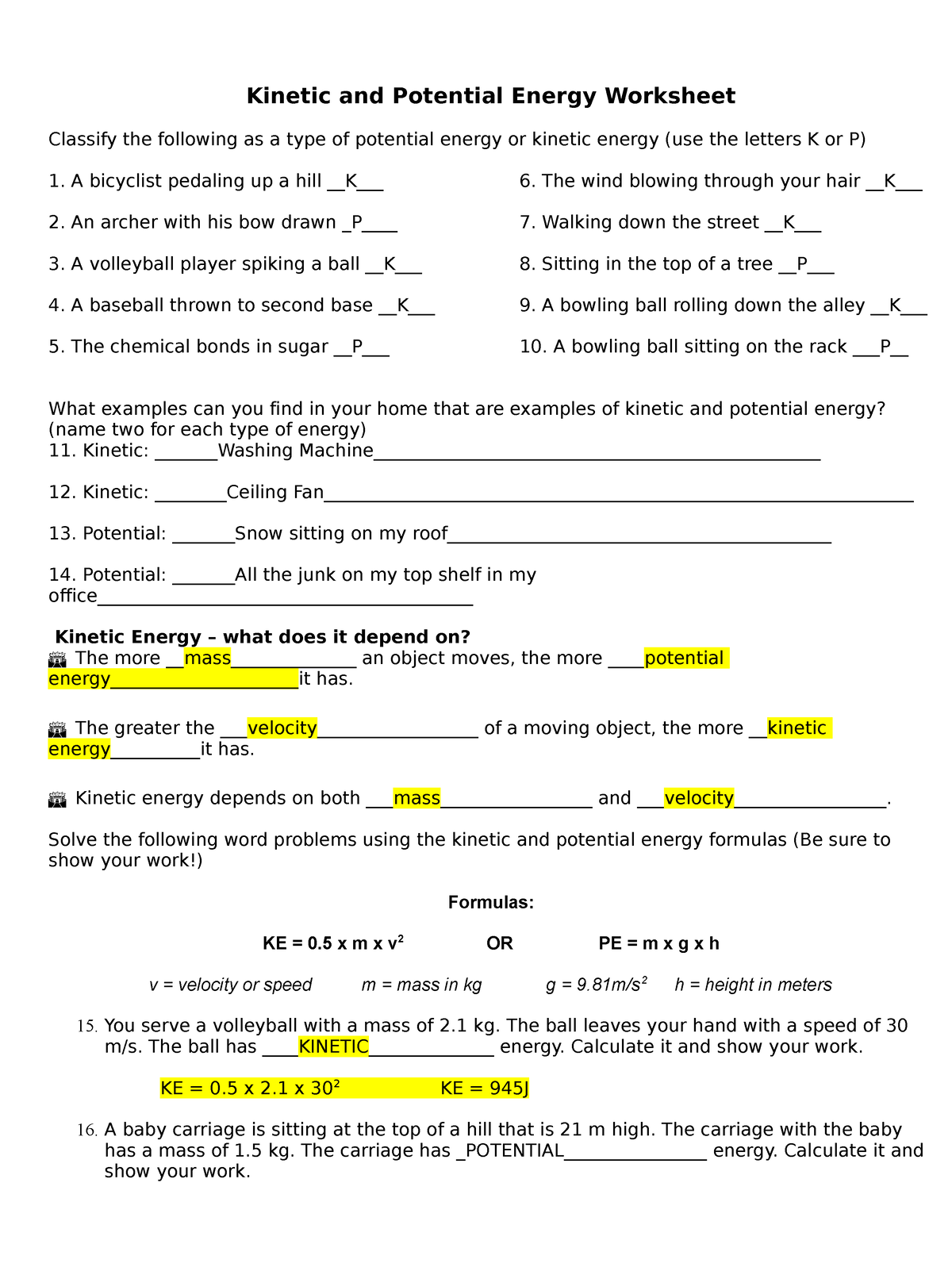 Kinetic and potential energy worksheet answer keyk o - Kinetic and