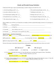 kinetic and potential energy worksheet answers