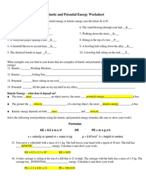 kinetic and potential energy worksheet answers