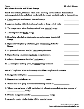 kinetic and potential energy worksheet for 6th grade