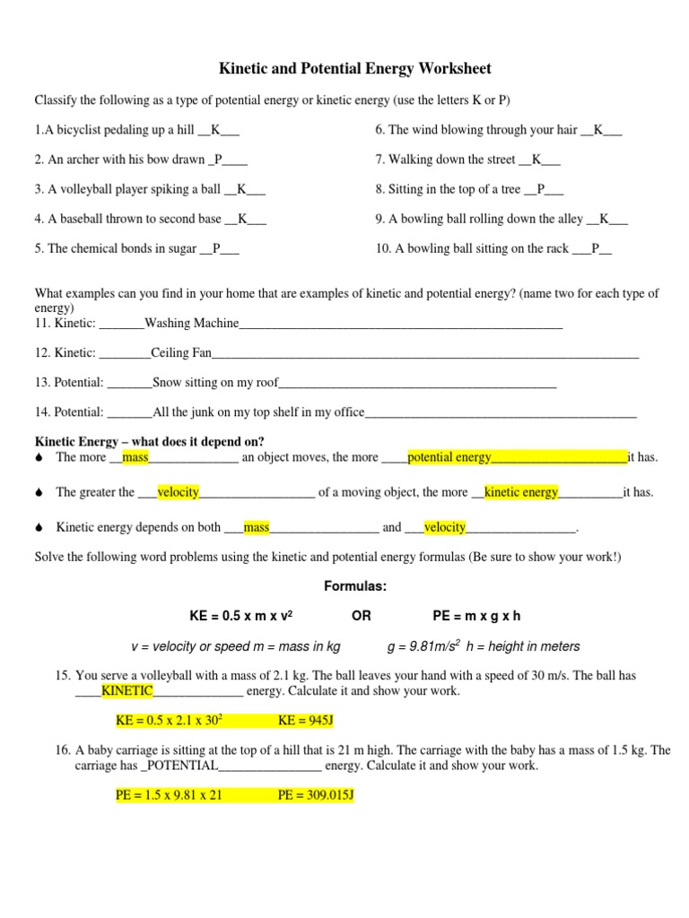 kinetic and potential energy worksheet key