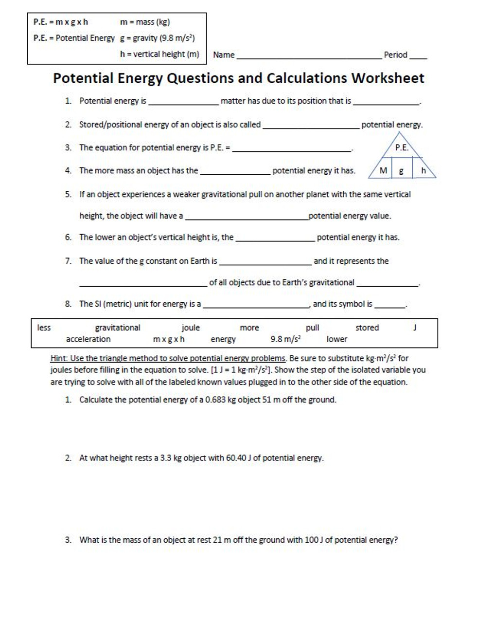 Potential Energy Questions and Calculations Worksheet