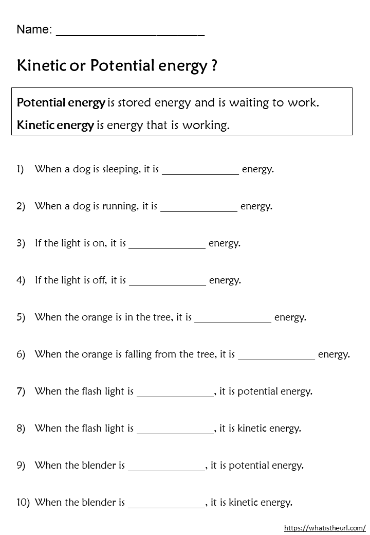 Kinetic or Potential Energy Worksheets - Your Home Teacher
