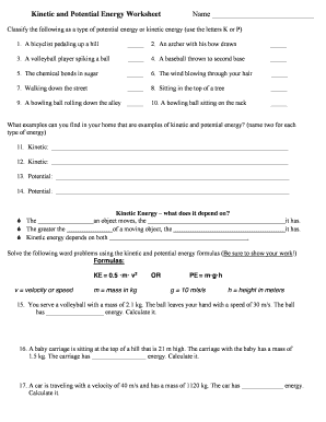 kinetic energy worksheet high school