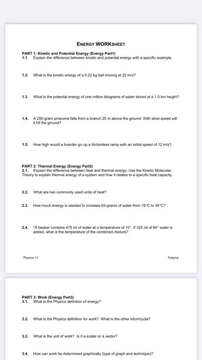 kinetic energy worksheet