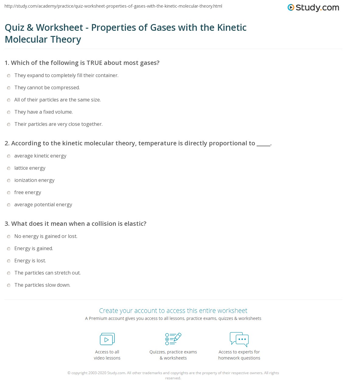 Quiz & Worksheet - Properties of Gases with the Kinetic Molecular