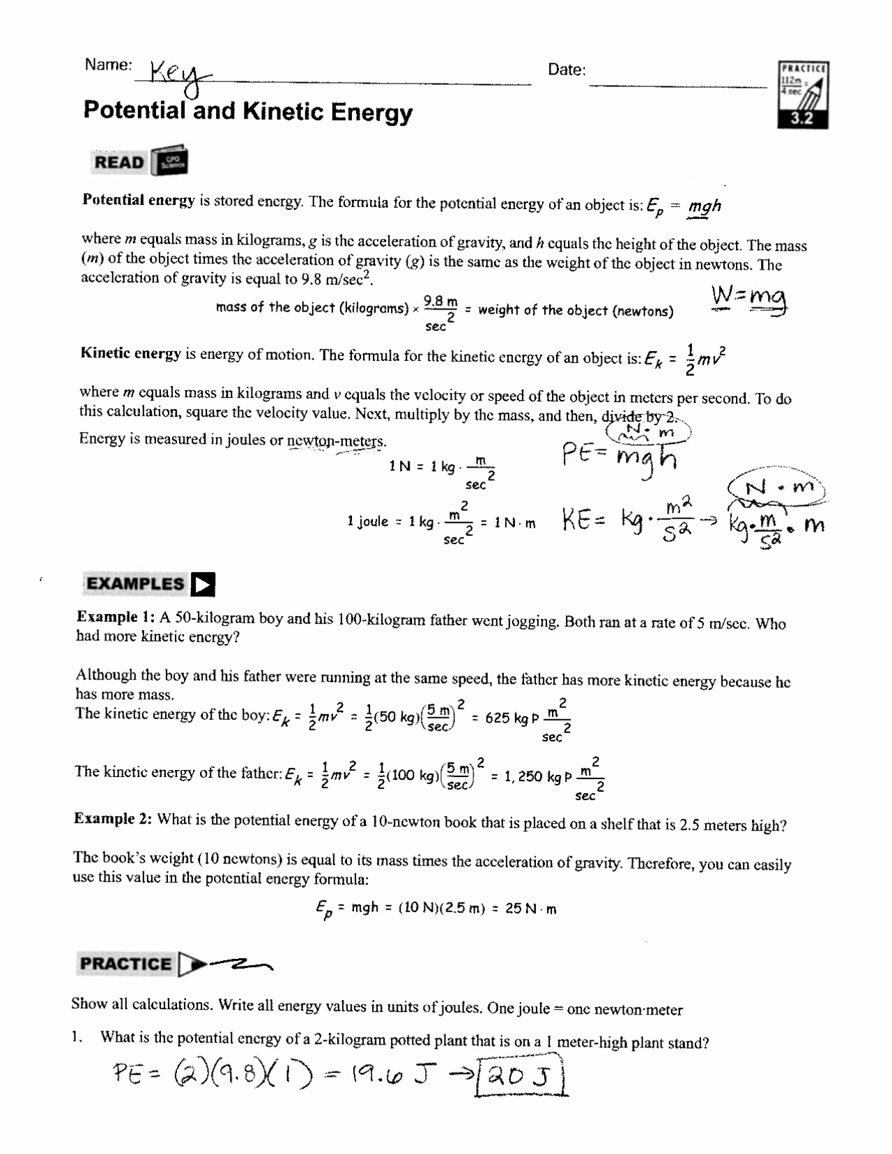 kinetic potential energy worksheet