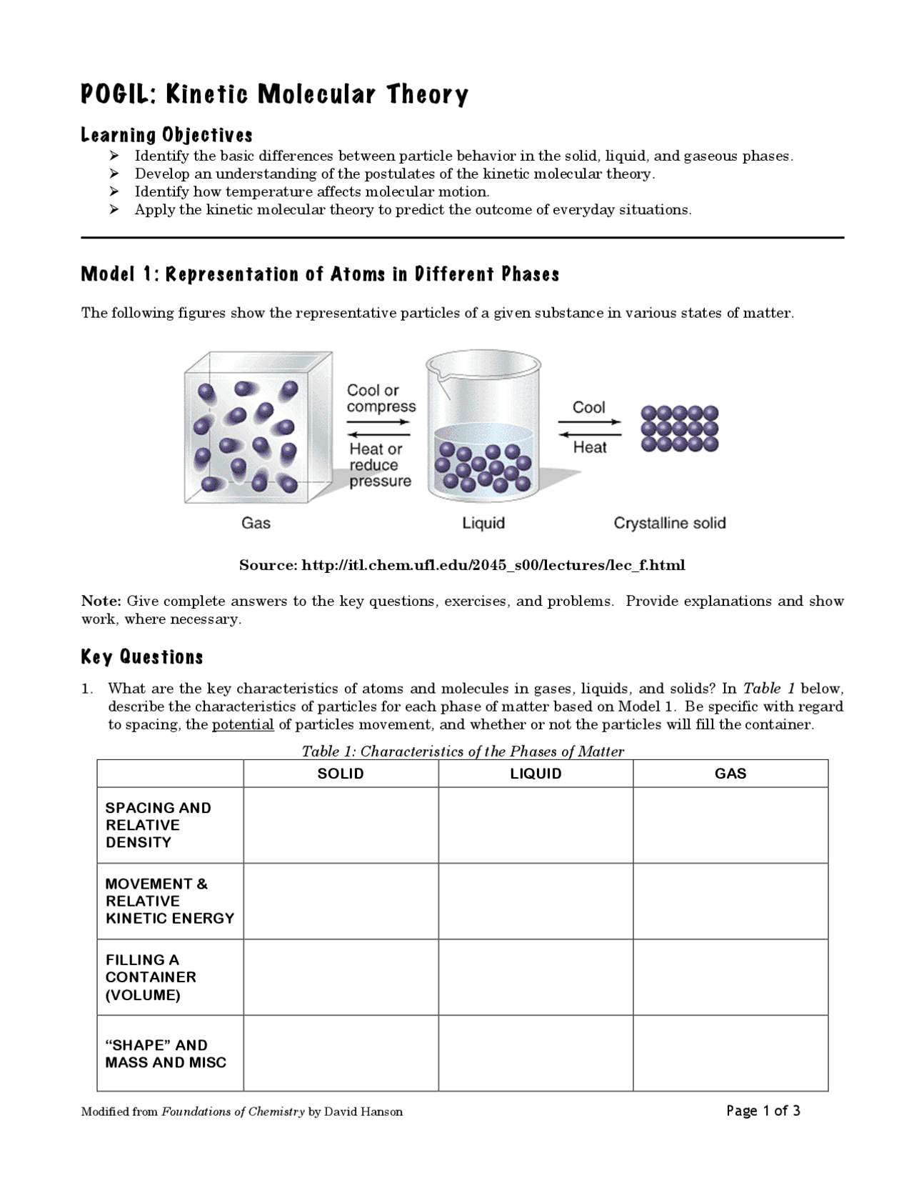 POGIL: Kinetic Molecular Theory | Study notes Chemistry | Docsity