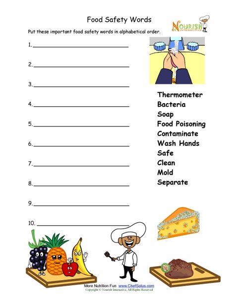 Food Safety Worksheet For Younger Children - Alphabetize Words