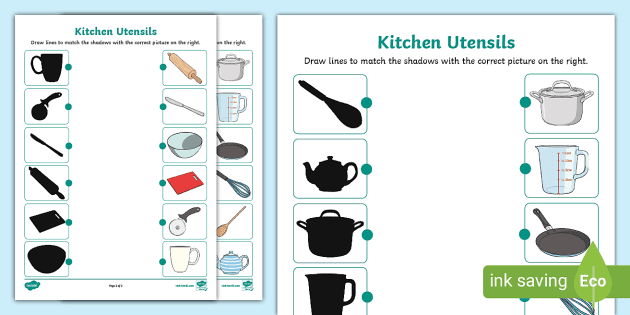 Kitchen Utensils Shadow Matching Worksheet (teacher made)