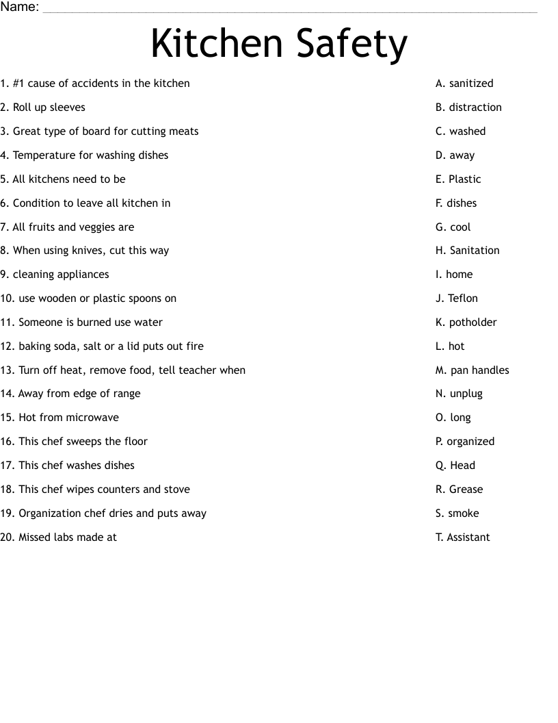 Kitchen Safety Worksheet - WordMint