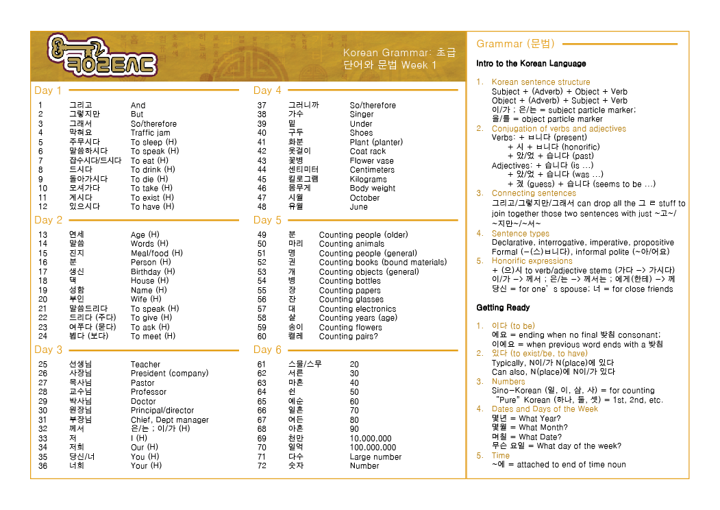 korean vocabulary list