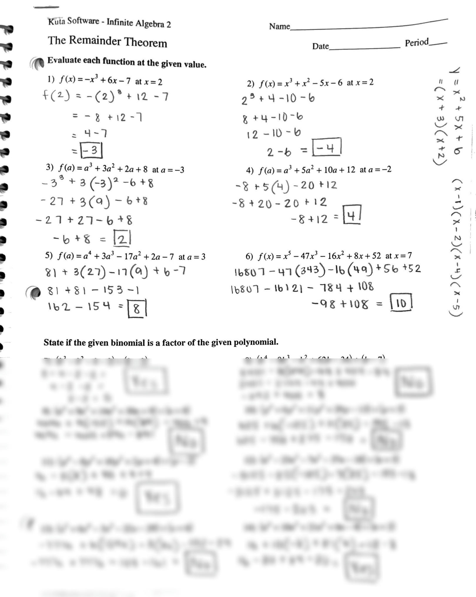 SOLUTION: Kuta Software Infinite Algebra 2: The Remainder Theorem ...