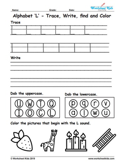 Alphabet Letter L Trace Write Find Color - Free printable PDF