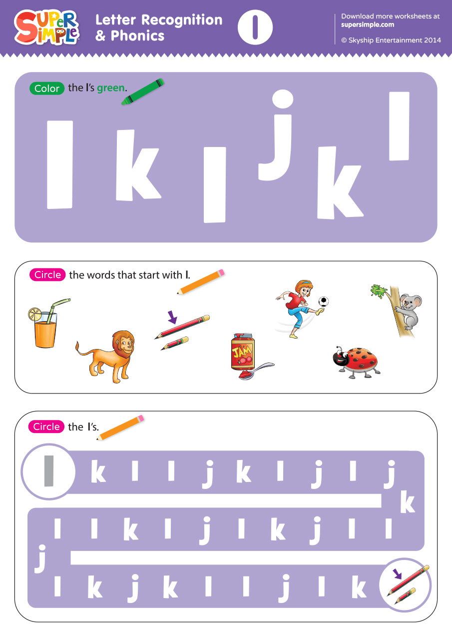 Letter Recognition &  Phonics Worksheet - l (lowercase) - Super Simple