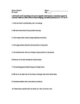 label parts of speech worksheet