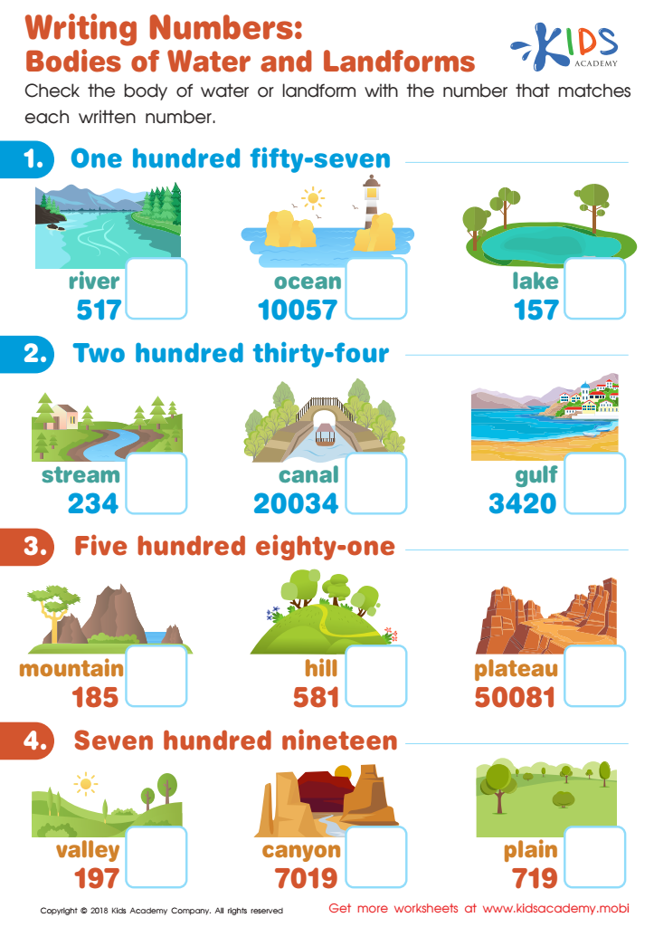 Bodies of Water and Landforms Writing Numbers Worksheet: Free PDF ...