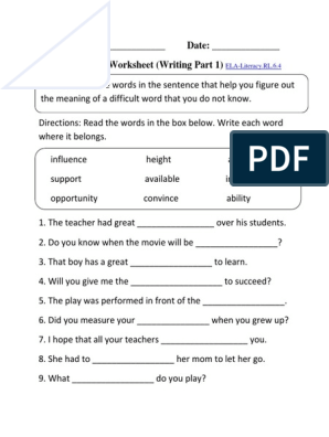 Name: - Date: - Context Clues Worksheet (Writing Part 1) | PDF ...
