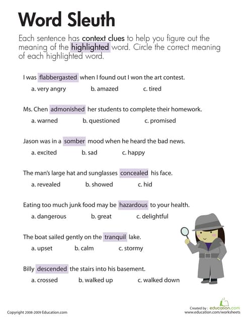 language arts context clues worksheet answers