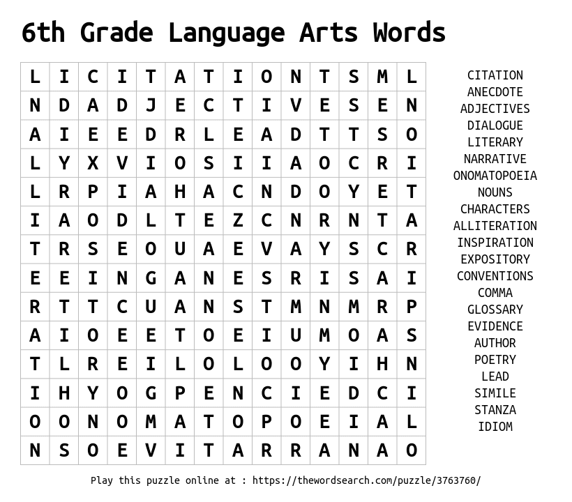 Download Word Search on 6th Grade Language Arts Words