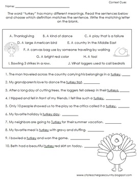 Thanksgiving Language Arts (6 worksheets) for 3rd grade
