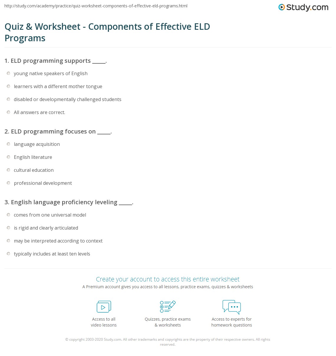 Quiz &  Worksheet - Components of Effective ELD Programs | Study.com