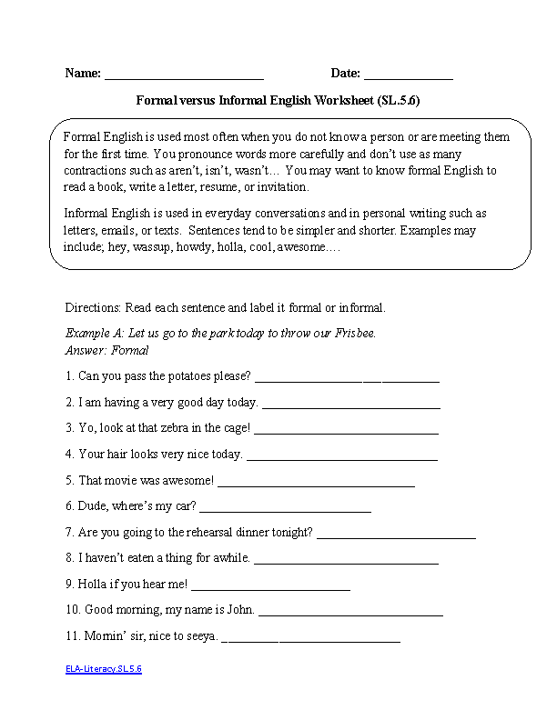 English Worksheets | 5th Grade Common Core Worksheets