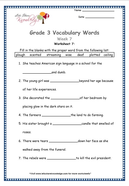Grade 3: Vocabulary Worksheets Week 7 - Lets Share Knowledge