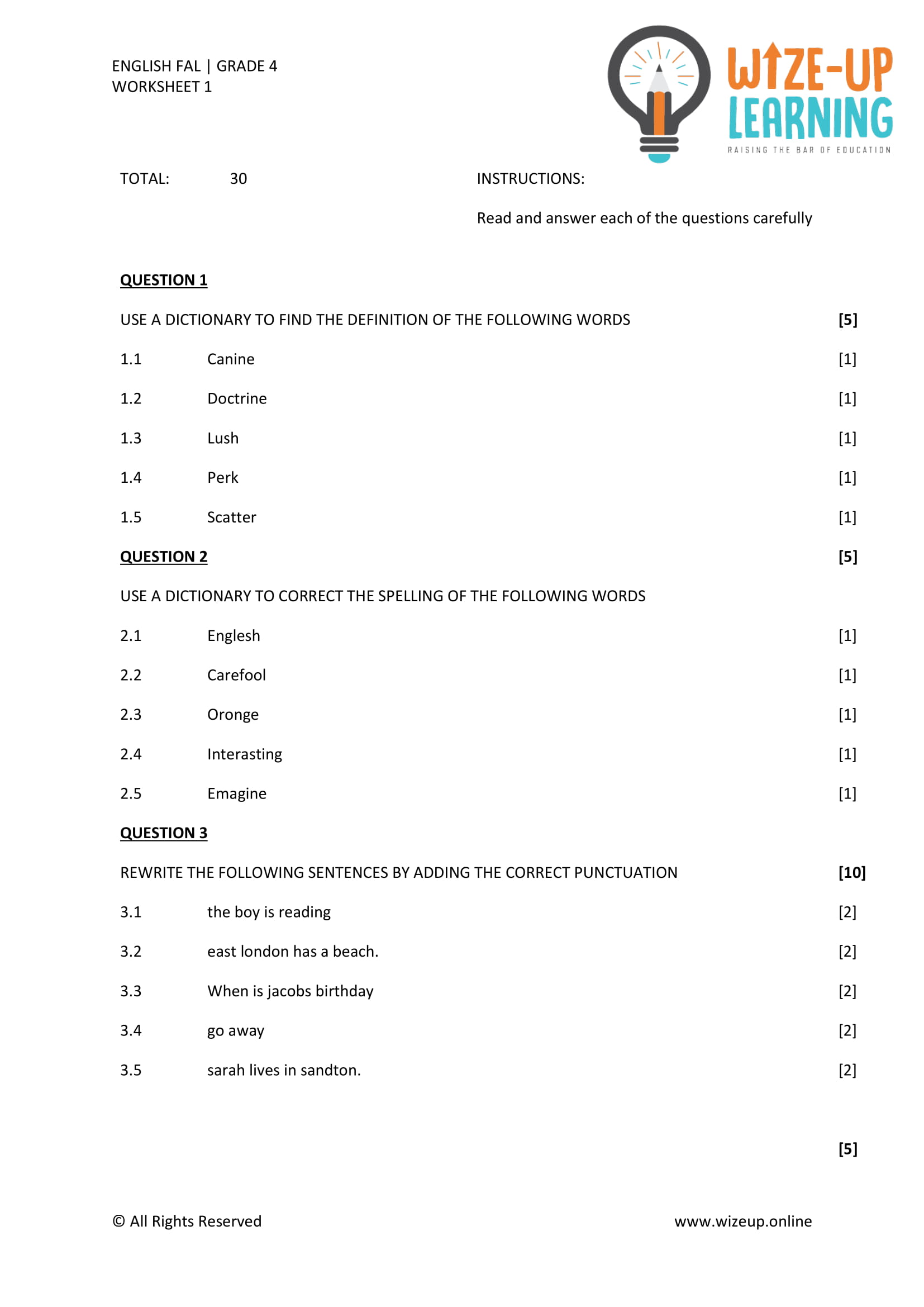 Grade 4 English FAL Term 3 Language Worksheet 2 • Teacha!