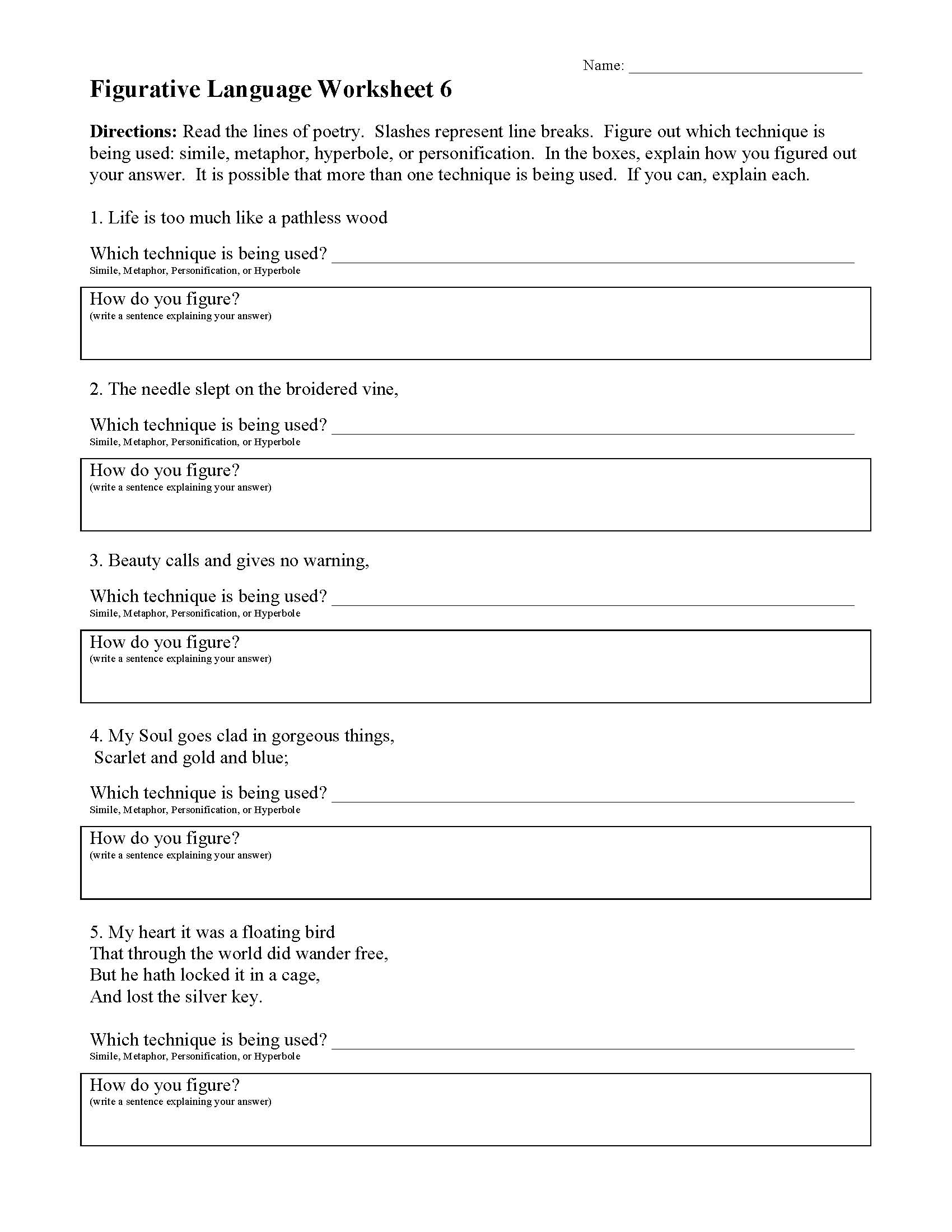 Figurative Language Worksheet 6 | Reading Activity