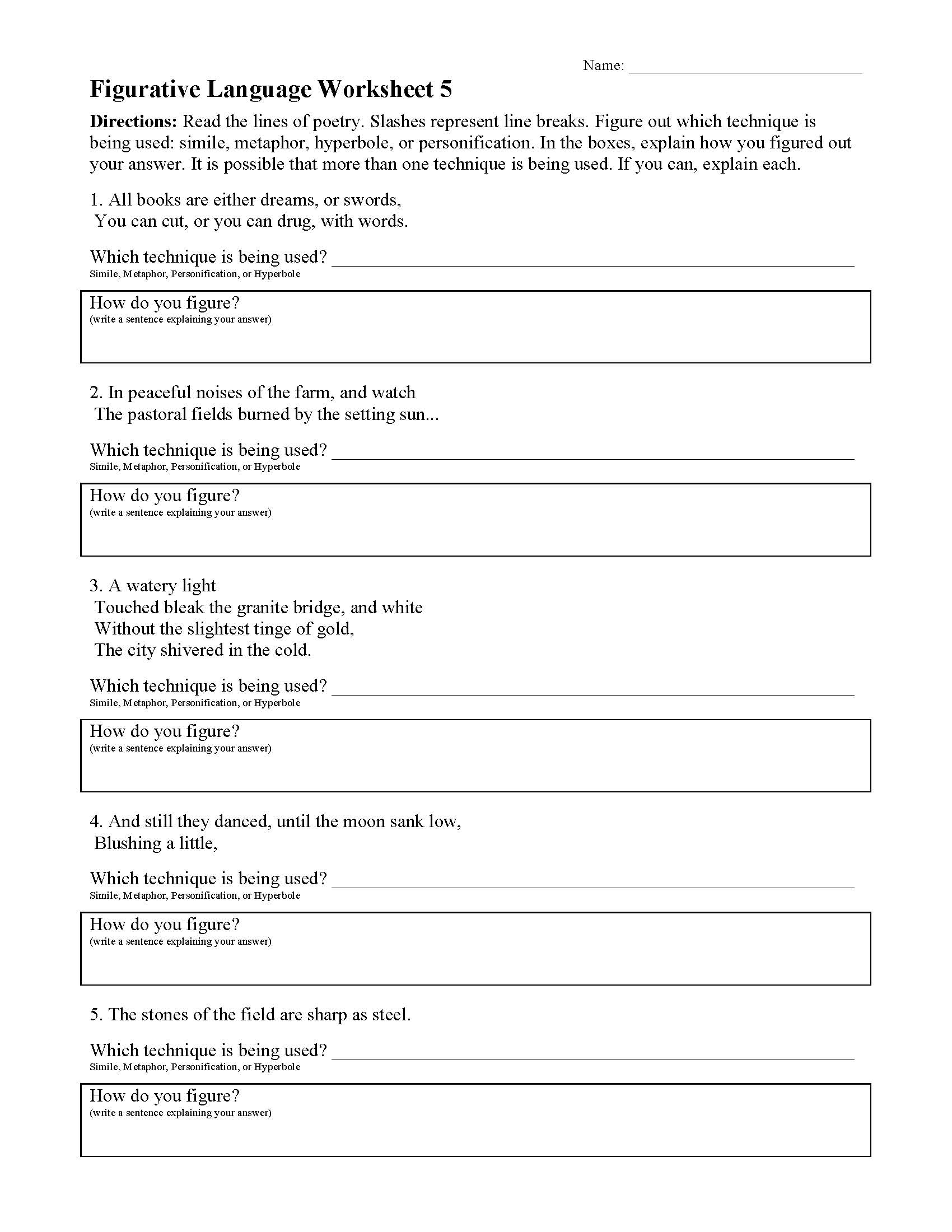 Figurative Language Worksheet 5 | Reading Activity