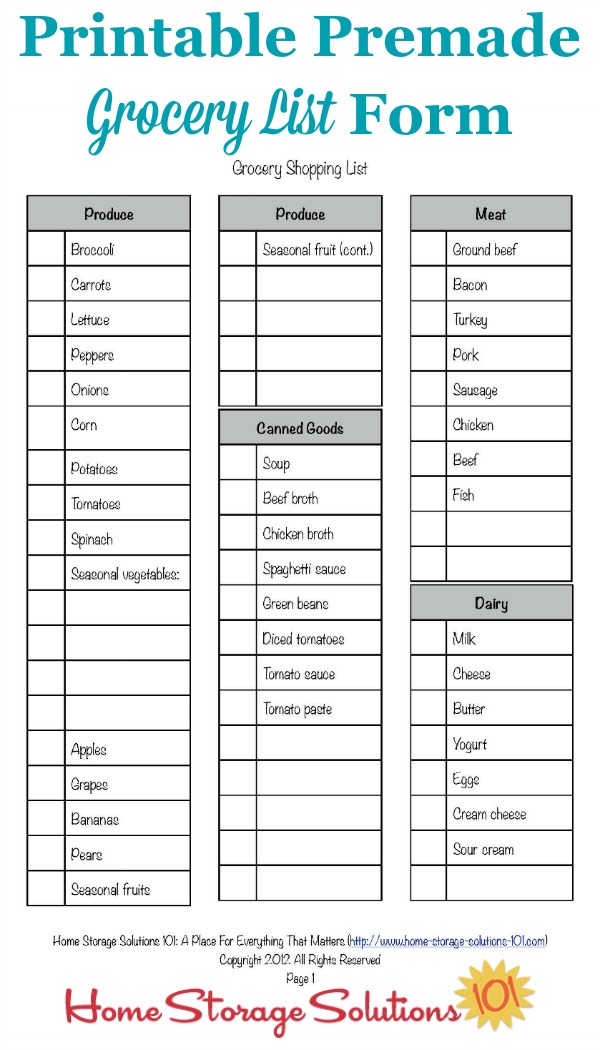 large printable grocery list