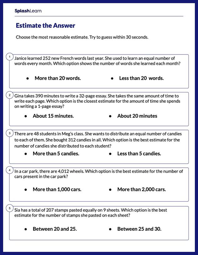 Estimating in Real-Life Problems - Math Worksheets - SplashLearn