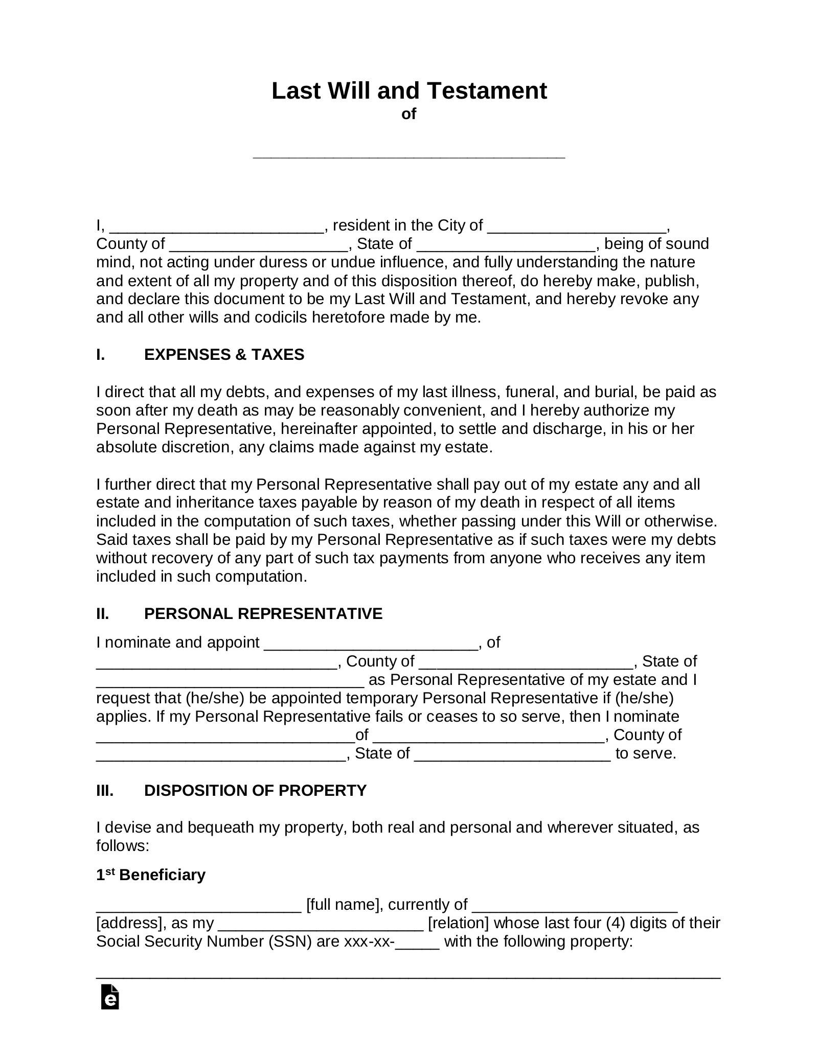 last will and testament worksheet