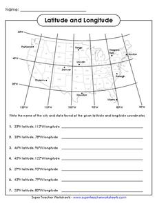 Latitude and Longitude Worksheet for 4th - 6th Grade | Lesson Planet