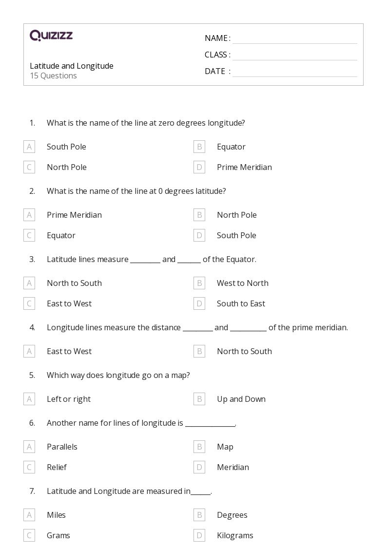 50+ latitude and longitude worksheets for 5th Class on Quizizz ...