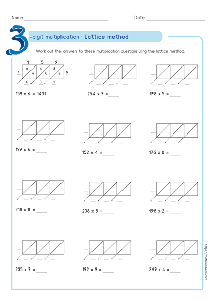 Lattice multiplication worksheets PDF | Printable multiplication tests