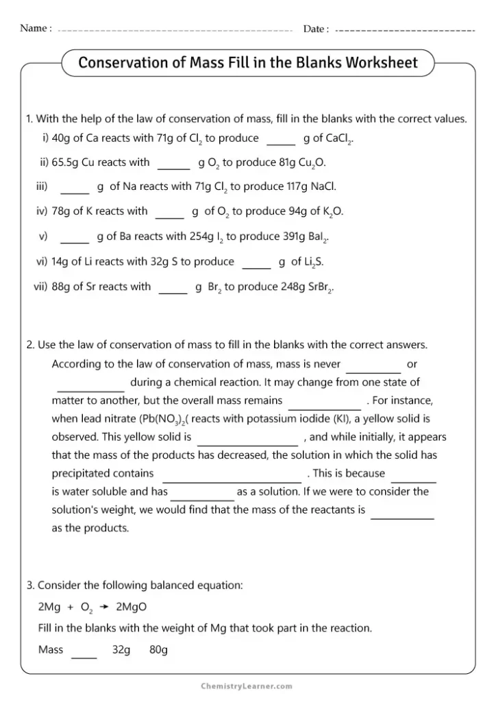 law of conservation of mass worksheet middle school