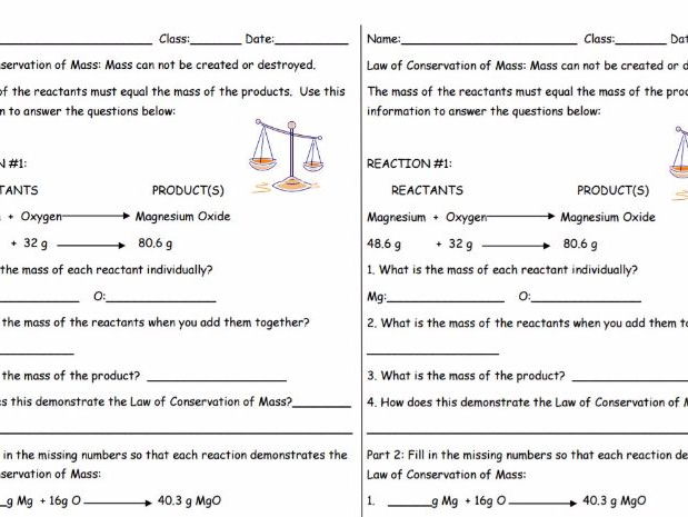 law of conservation of mass worksheet middle school