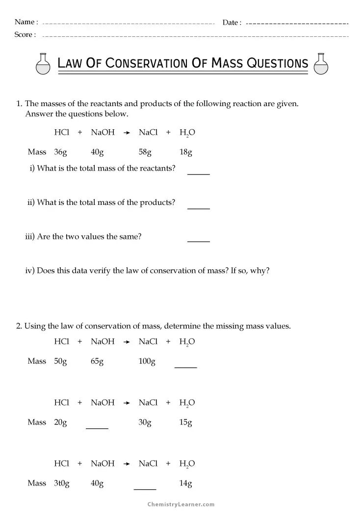 Free Printable Law of Conservation of Mass Worksheets